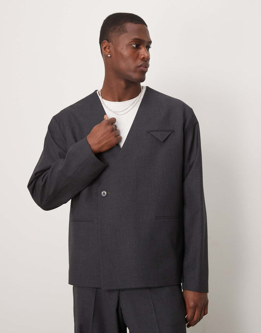 Boxy Collarless Double Breasted Suit Jacket