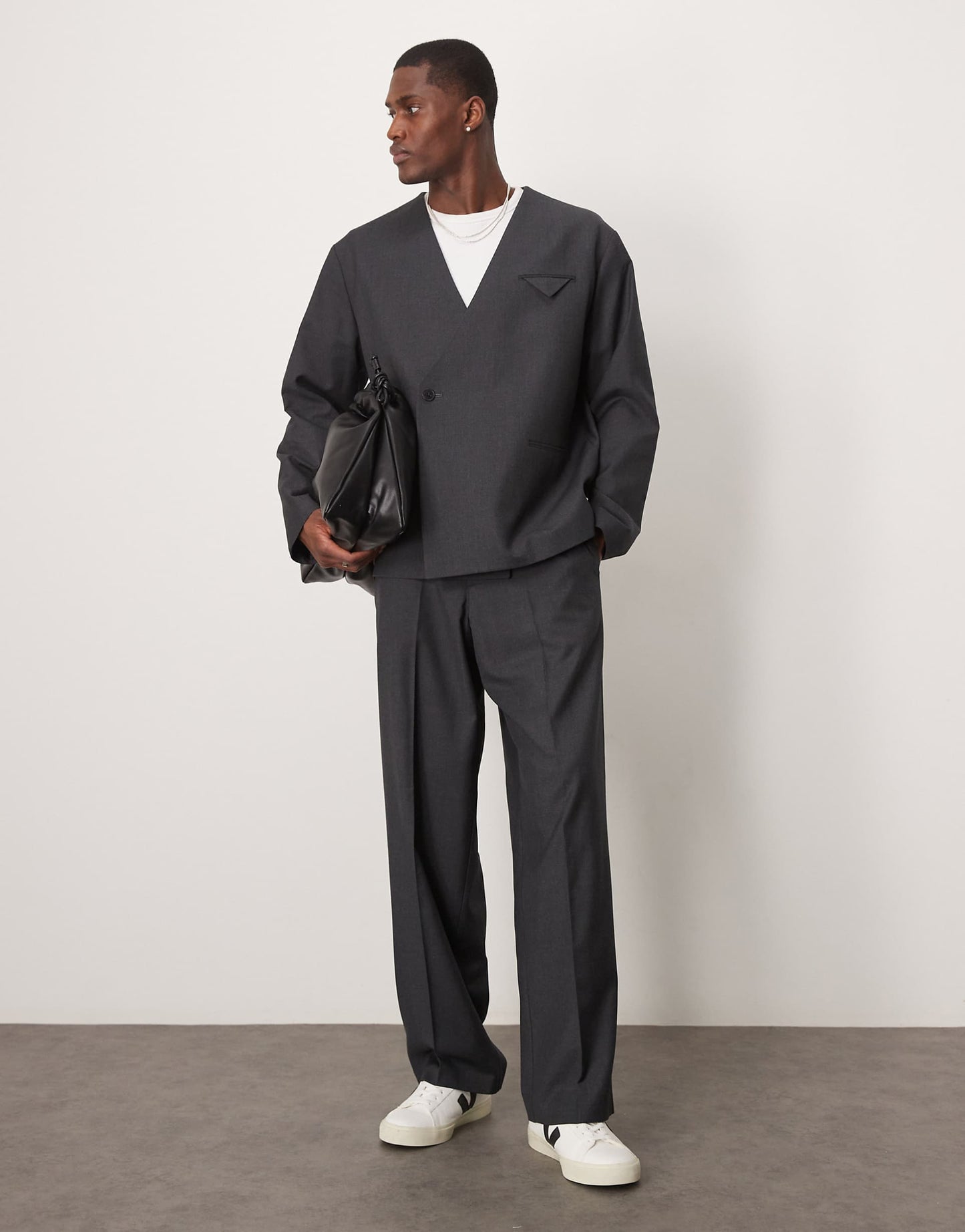Boxy Collarless Double Breasted Suit Jacket