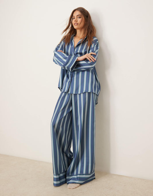 Oversized Satin Stripe Shirt And Trouser Pyjama Set