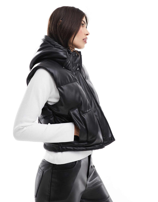 Padded Faux Leather Gilet With Hood