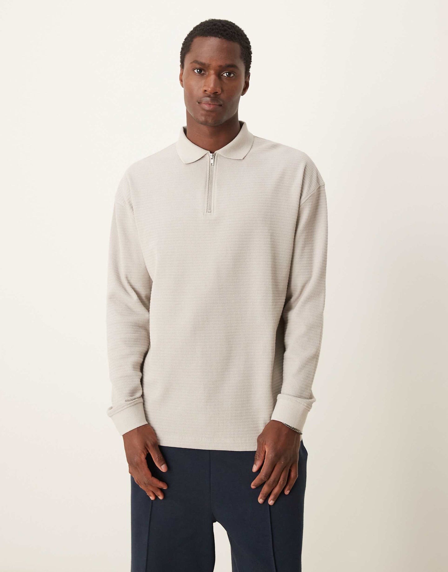 Textured Long Sleeve Polo Shirt