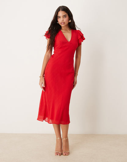 Layla V Neck Midaxi Dress With Ruffle Shoulders