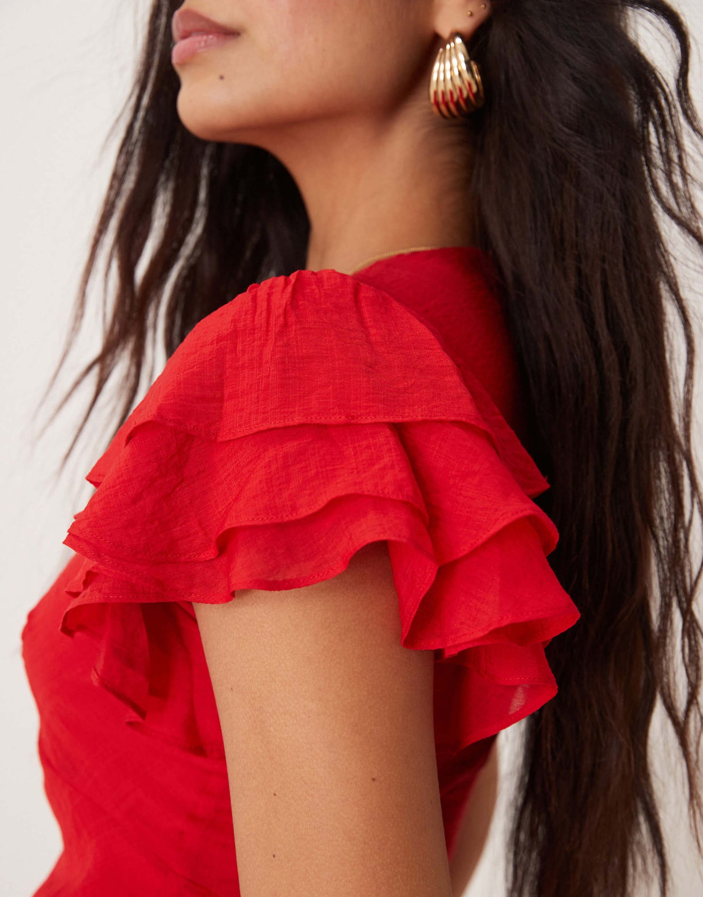 Layla V Neck Midaxi Dress With Ruffle Shoulders