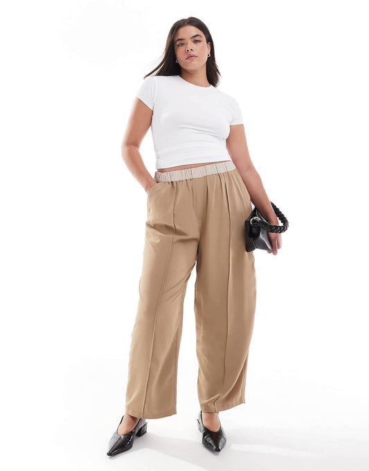 Curve Cropped Pull On Trousers With Contrast Waist