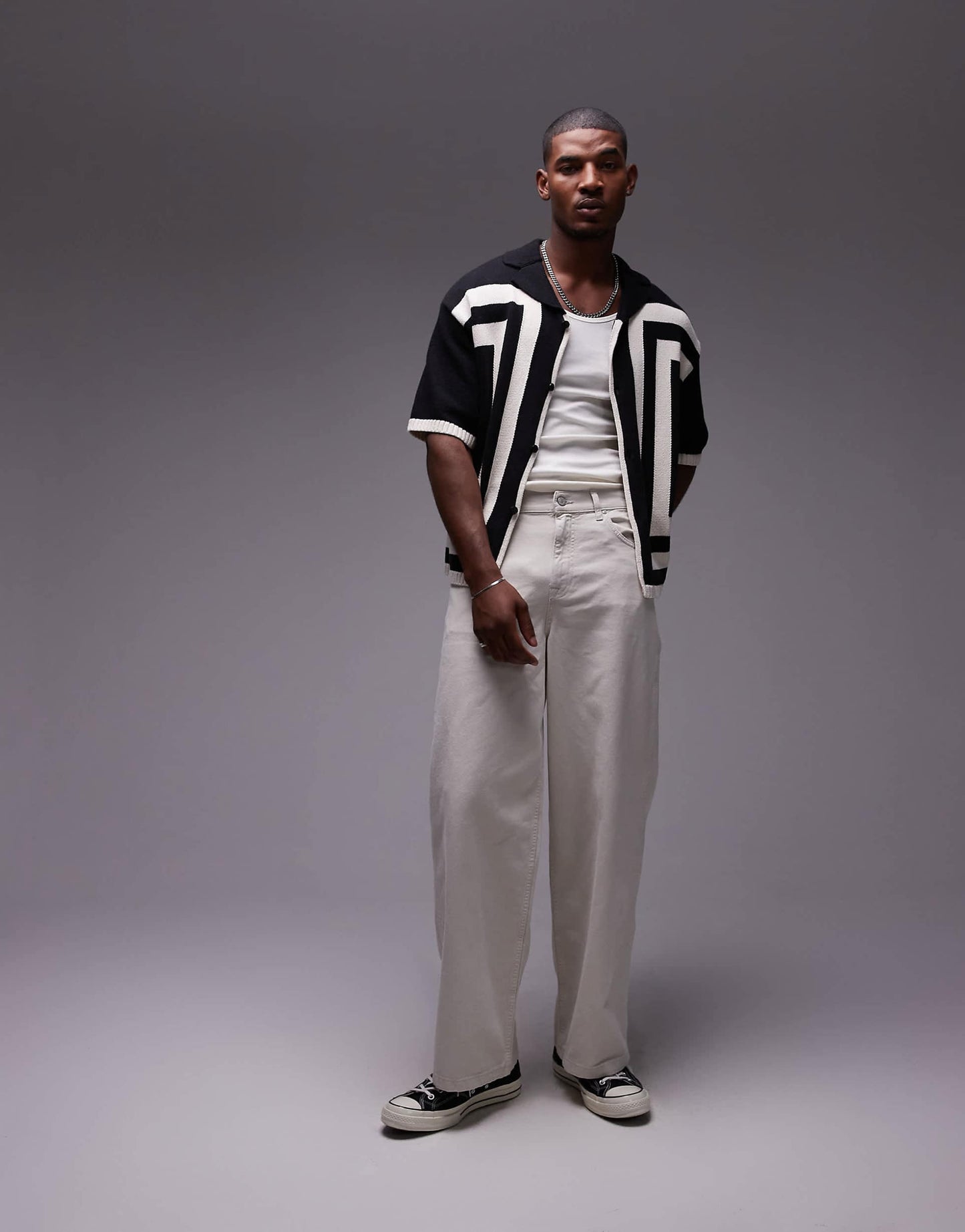 Knitted Crochet Vertical Stripe Button Through Shirt