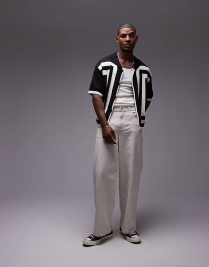 Knitted Crochet Vertical Stripe Button Through Shirt