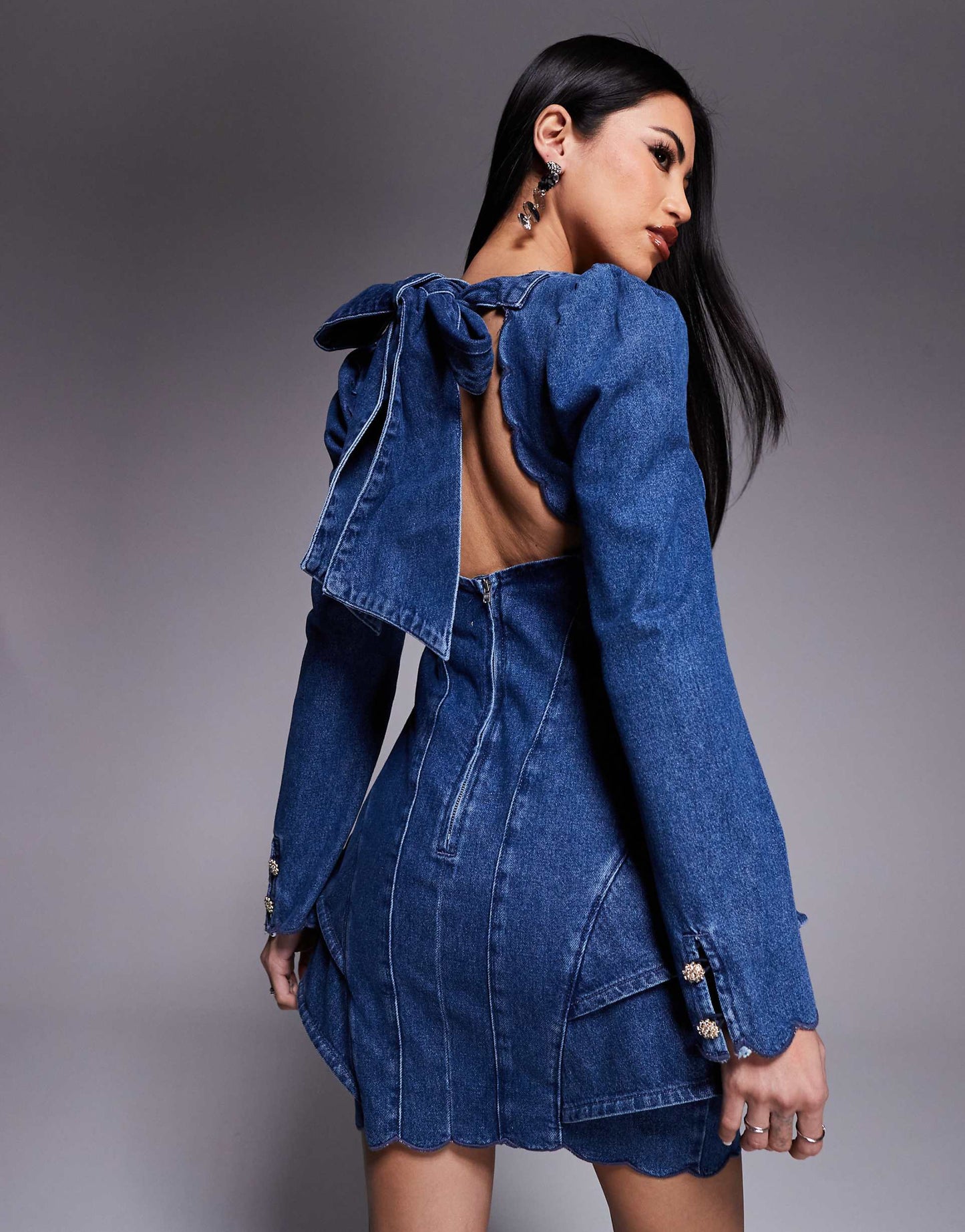 Denim Structured Mini Dress With Scallop Detail And Back Bow