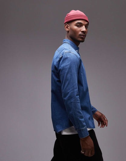Denim Chambray Shirt With Button Collar