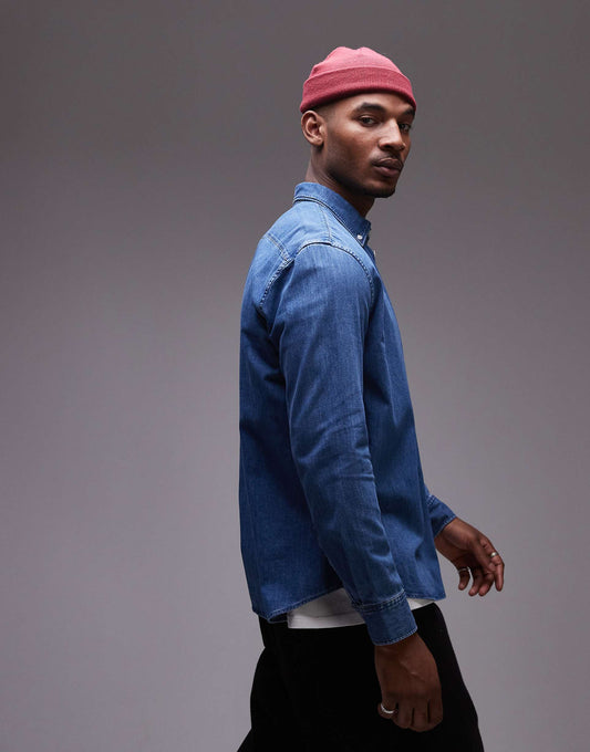 Denim Chambray Shirt With Button Collar