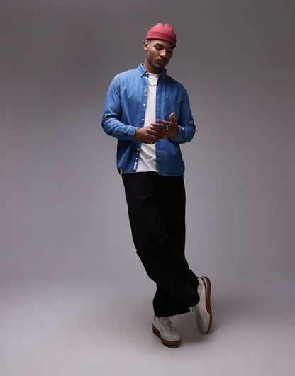 Denim Chambray Shirt With Button Collar