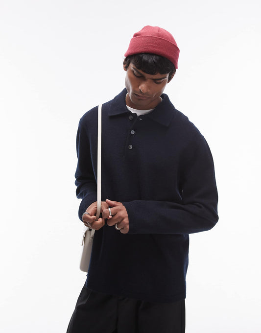 Boiled Wool Jumper With Button Polo Collar
