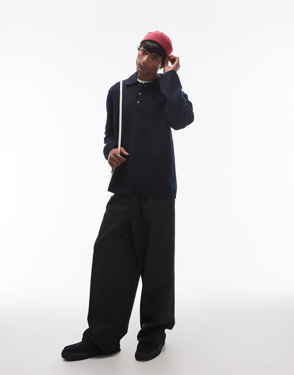 Boiled Wool Jumper With Button Polo Collar