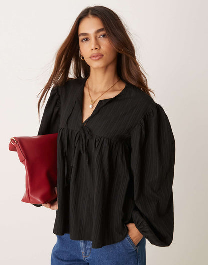 Jacquard Smock Top With Tie Neck Detail