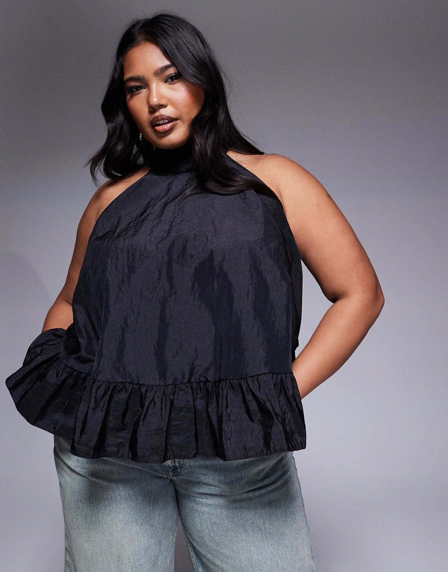 Curve High Neck Ruffle Hem Smock Top