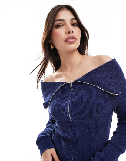 Zip Through Bardot Knitted Jumper