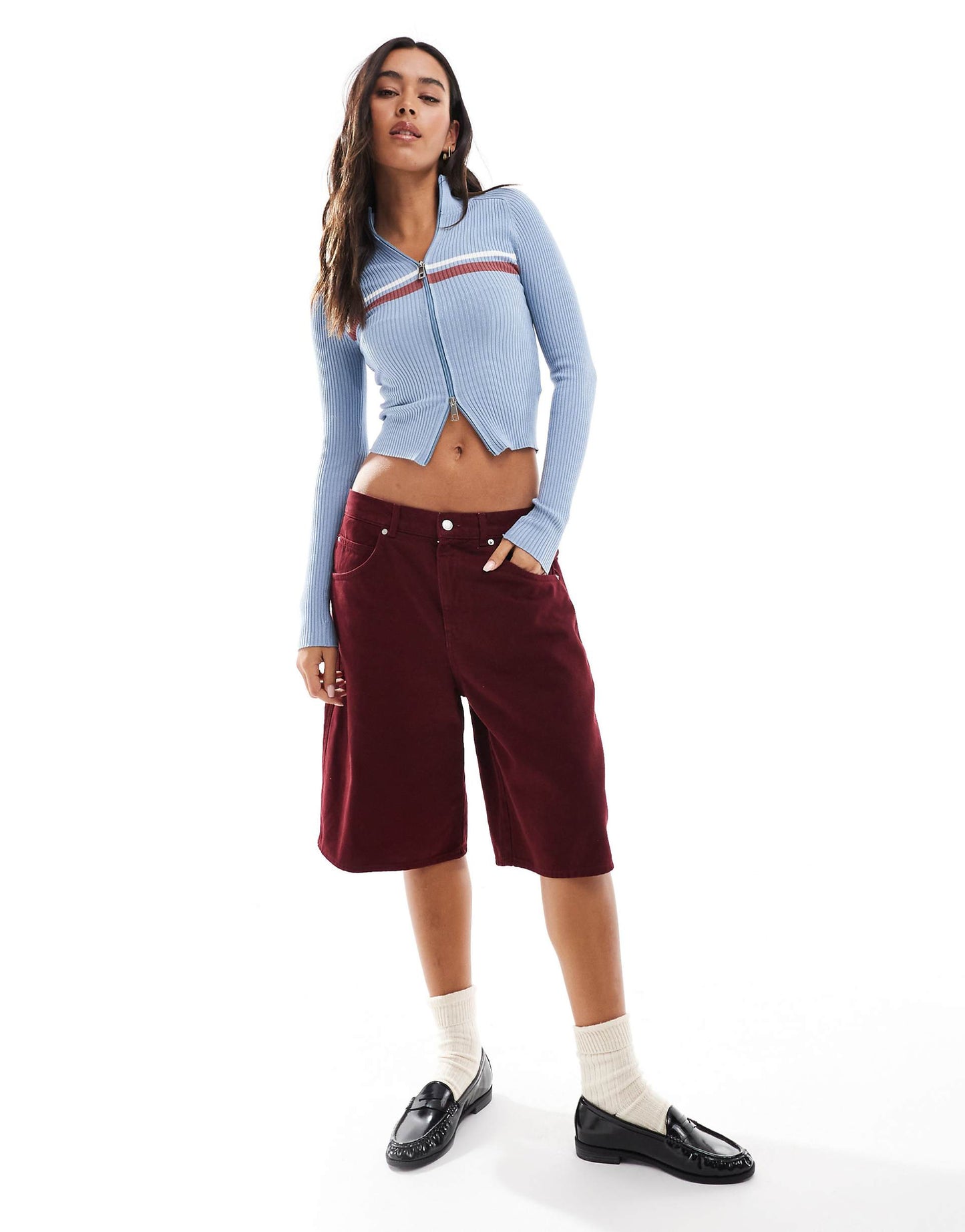 Ribbed Zip Through Jumper With Stripe Detail