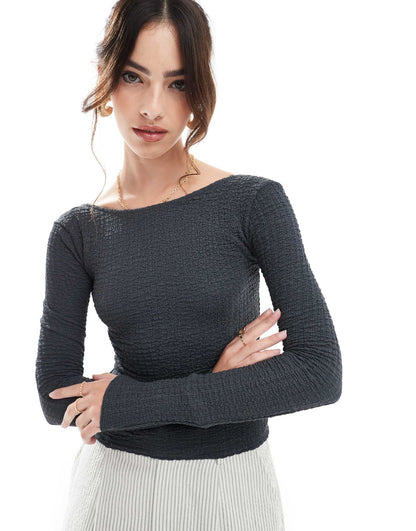 Textured Open Back Long Sleeve Top