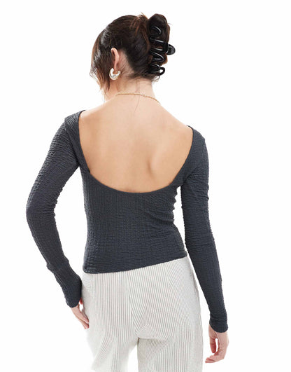 Textured Open Back Long Sleeve Top