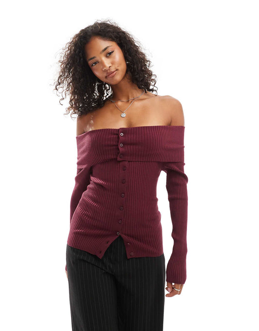 Ribbed Bardot Jumper With Button Detail