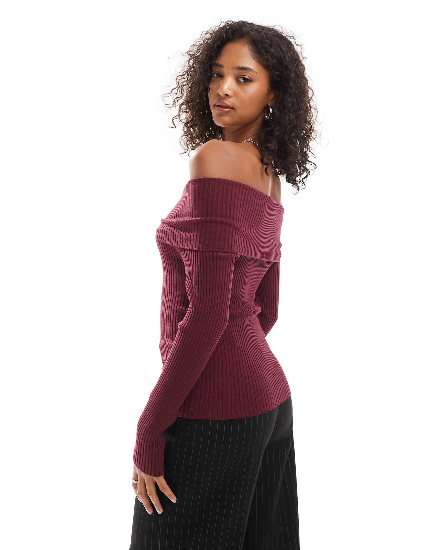 Ribbed Bardot Jumper With Button Detail