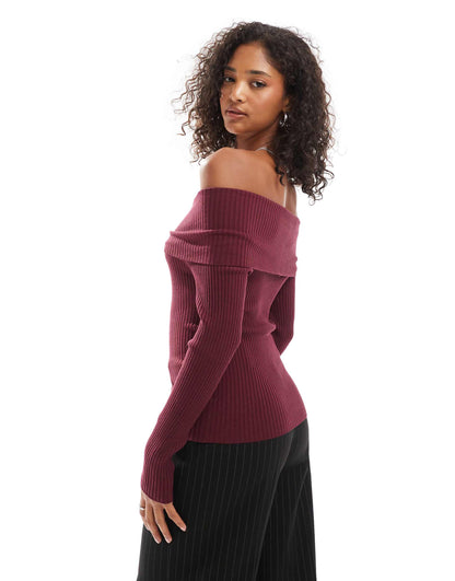 Ribbed Bardot Jumper With Button Detail
