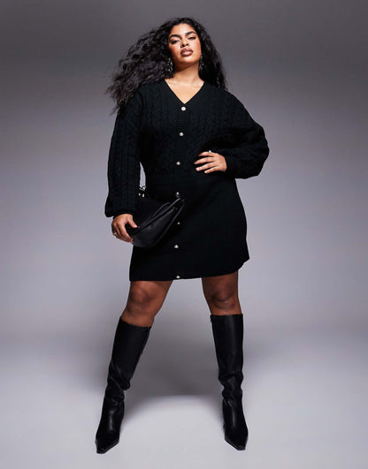 Cable Knit V Neck Diamante Button Mini Dress