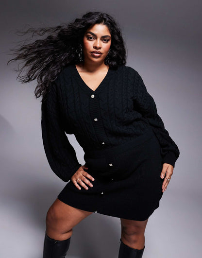 Cable Knit V Neck Diamante Button Mini Dress