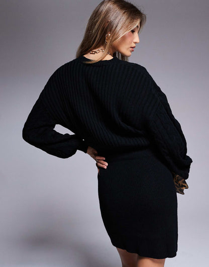 Cable Knit V Neck Diamante Button Mini Dress