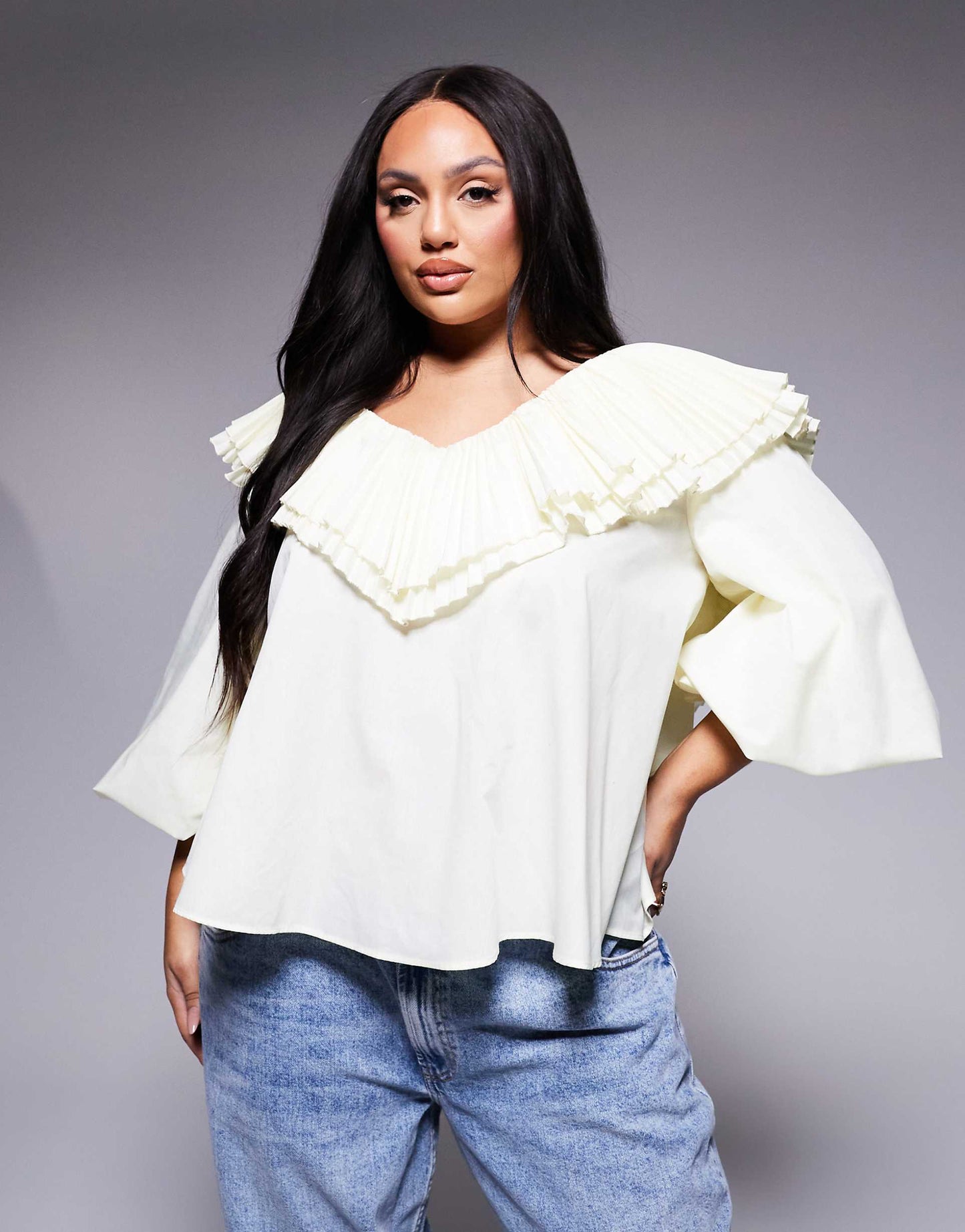 Curve Cotton Poplin Pleated Over-Sized Blouse