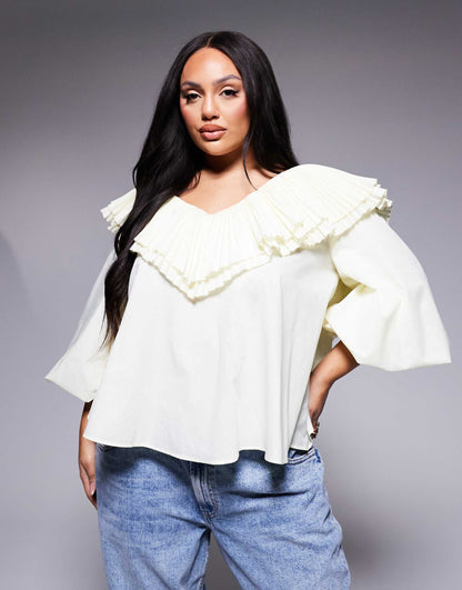 Curve Cotton Poplin Pleated Over-Sized Blouse