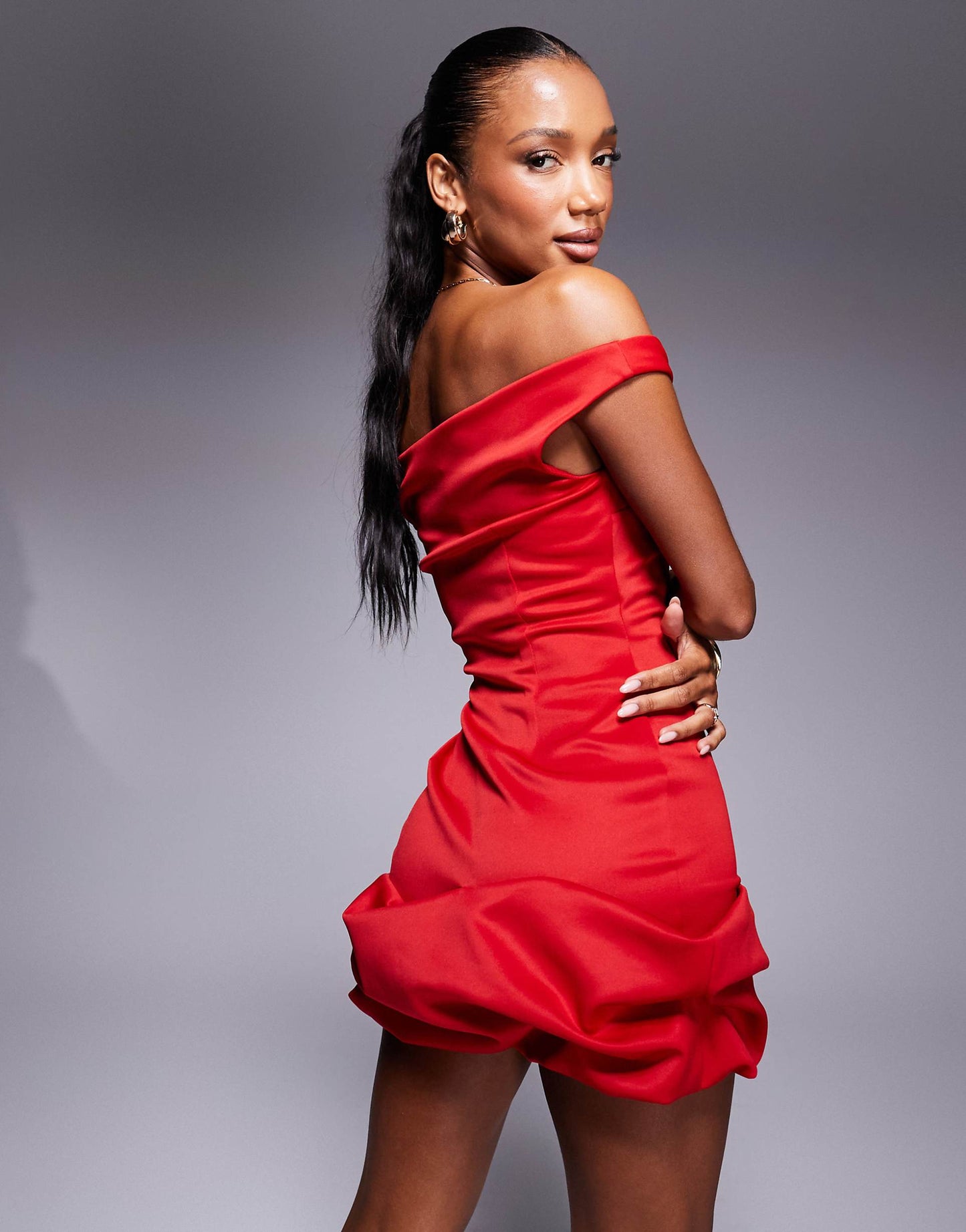 Super Scoop Bardot Mini Dress With Scrunch Detail Hem