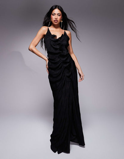 Plisse Cami Maxi Dress With Waterfall Corsage Ruffle