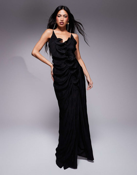 Plisse Cami Maxi Dress With Waterfall Corsage Ruffle
