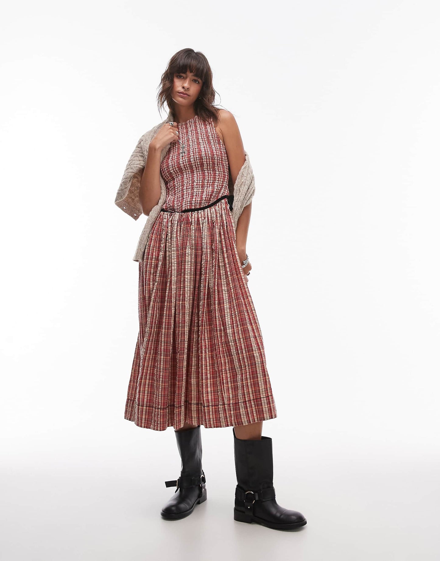 Check Shirred Bow Detail Midi Dress