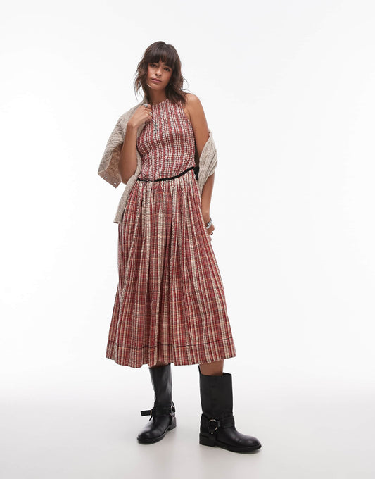 Check Shirred Bow Detail Midi Dress