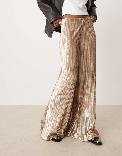 Crinkle Velvet Pleated Wide Leg Trousers