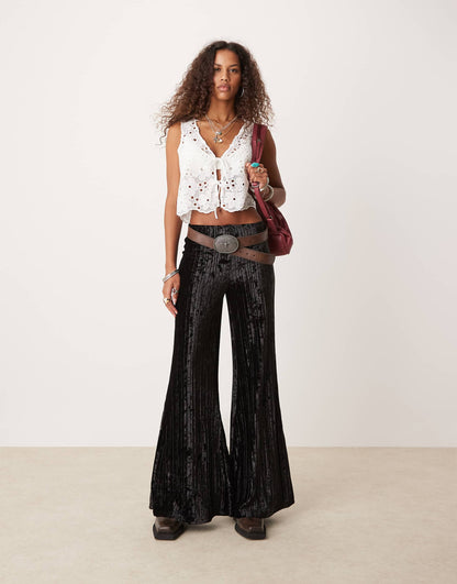 Crinkle Velvet Pleated Wide Leg Trousers