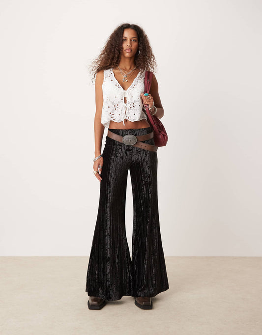 Crinkle Velvet Pleated Wide Leg Trousers