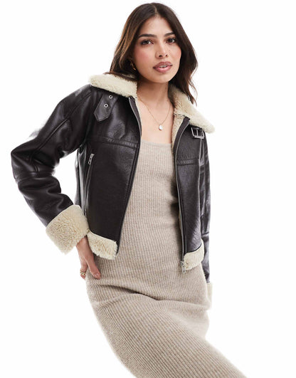 Faux Shearling Trim Aviator Jacket