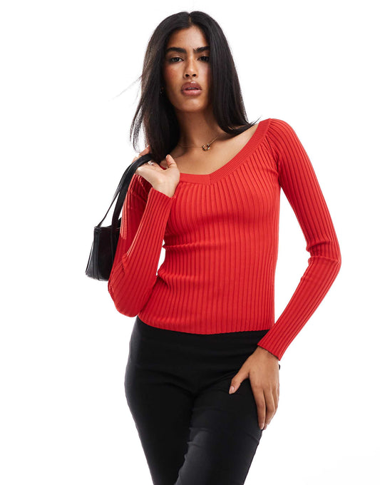 Dipped Neckline Ribbed Knit Jumper