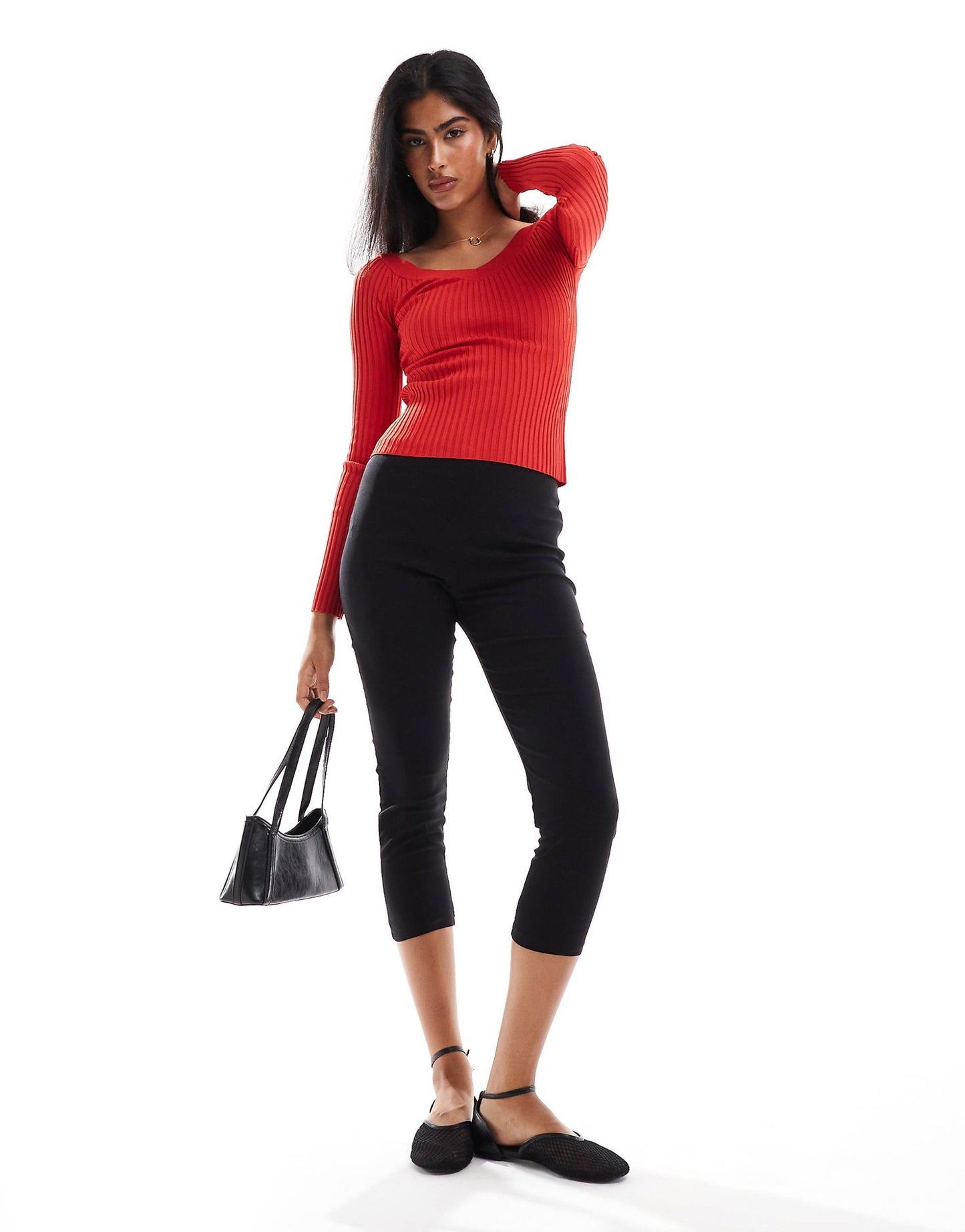 Dipped Neckline Ribbed Knit Jumper