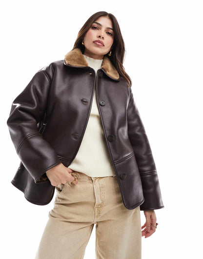 Faux Leather Coat With Contrast Shearling Collar