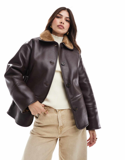 Faux Leather Coat With Contrast Shearling Collar