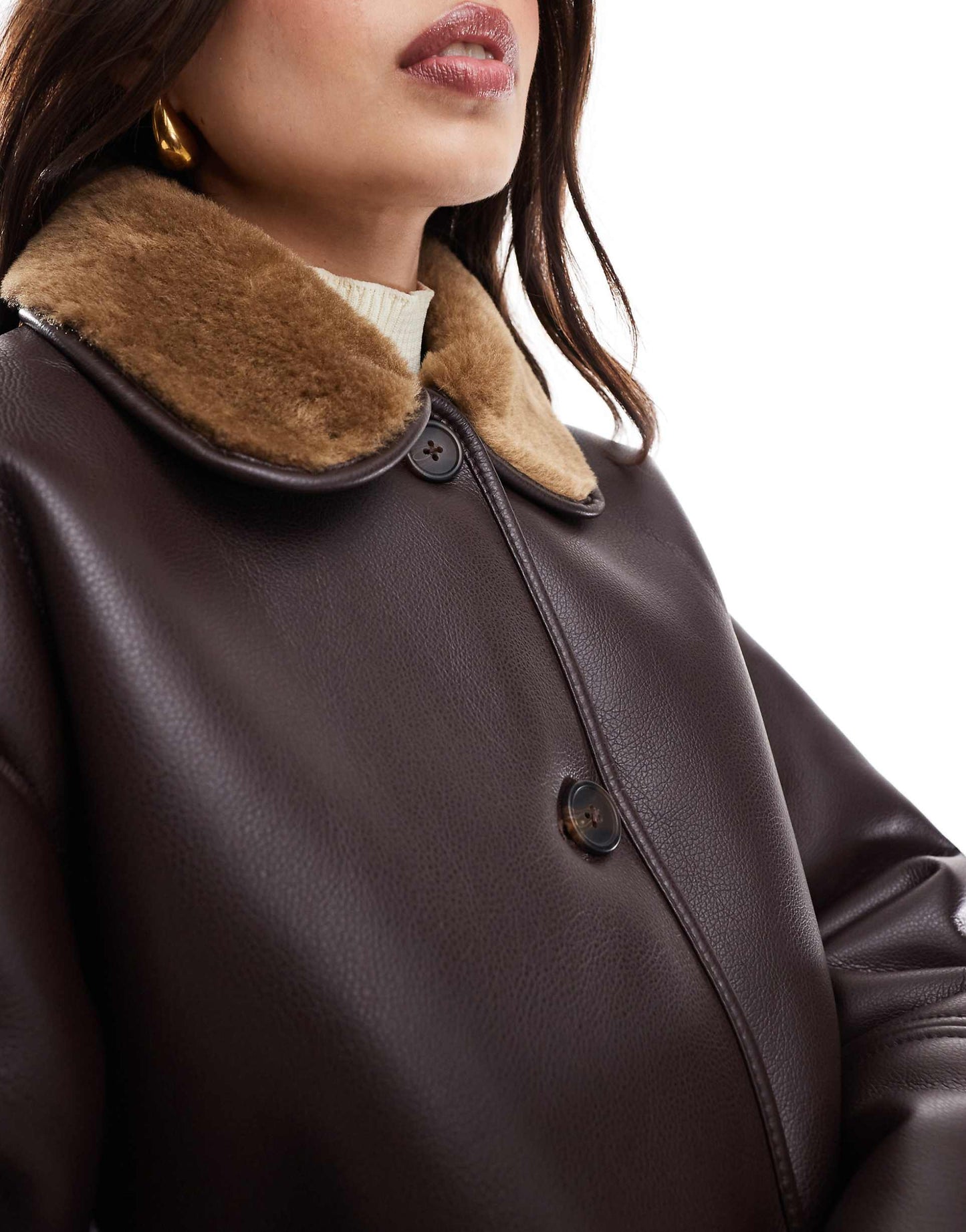 Faux Leather Coat With Contrast Shearling Collar