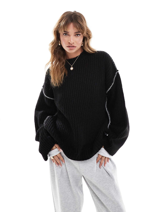 Crew Neck Jumper With Blanket Stitch Contrast