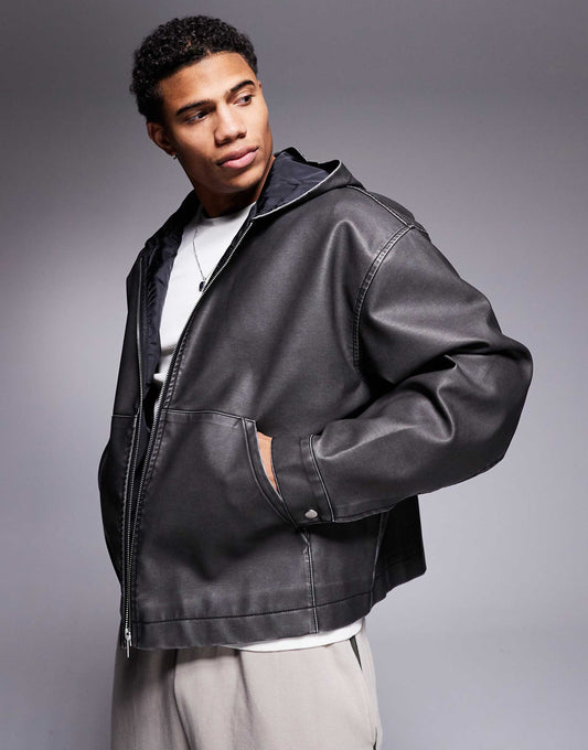 Oversized Faux Leather Jacket With Hood