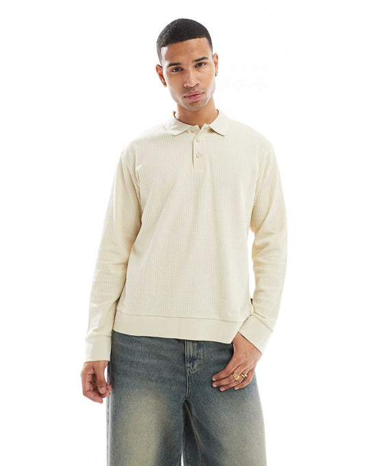 Knitted Long Sleeve Textured Polo