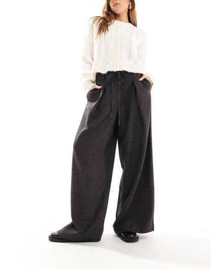 Tie Waist Pleat Front Wide Leg Trousers