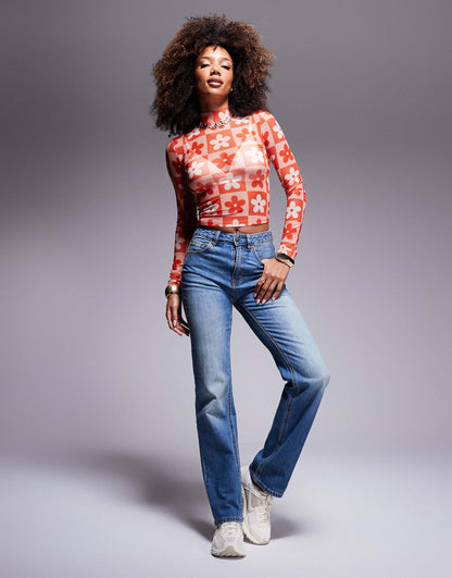 Dasori Floral Print Long Sleeve Mesh Top