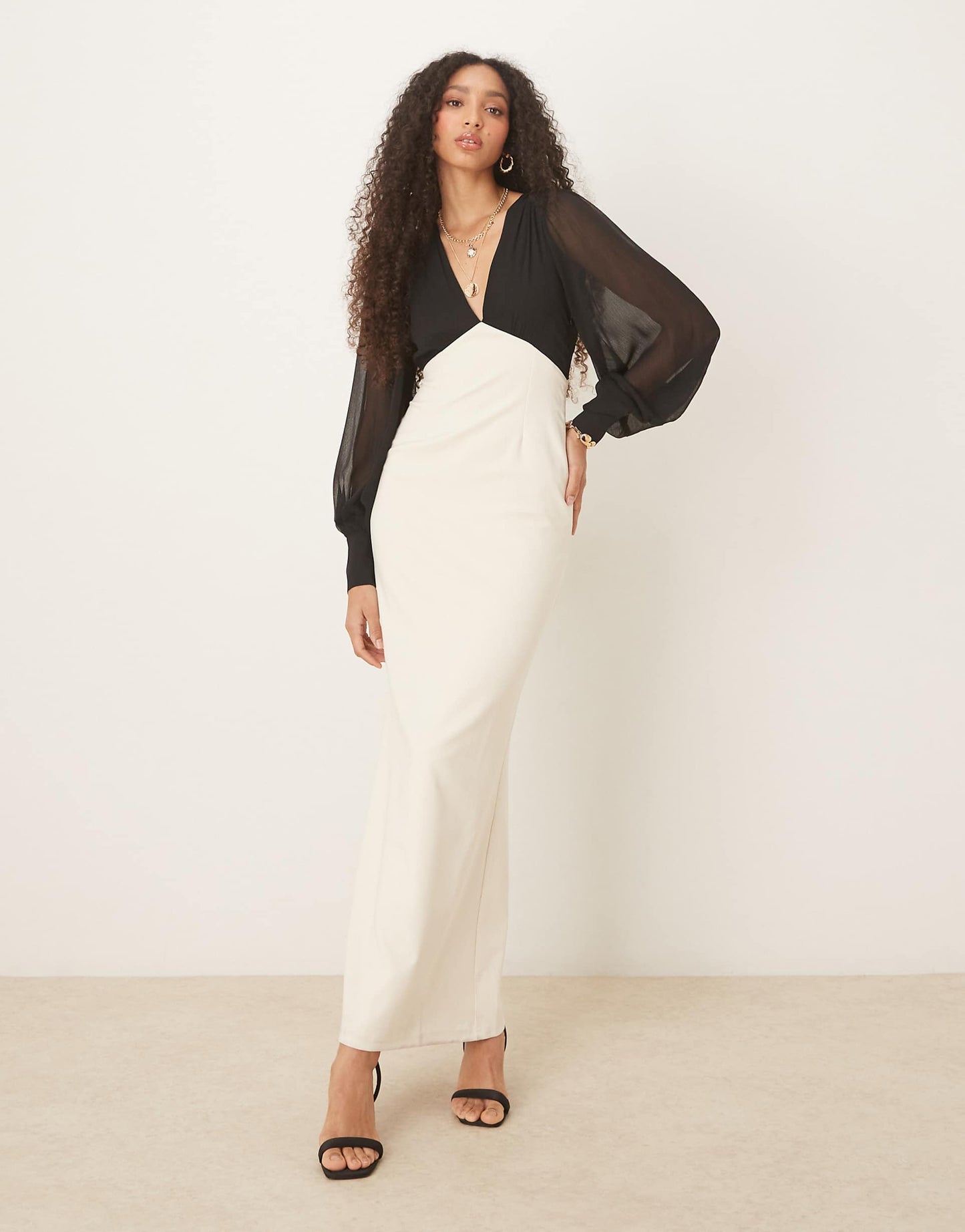 Balloon Sleeve Contrast Maxi Dress